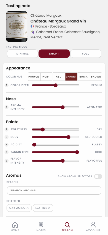 Assemblage tasting note screen